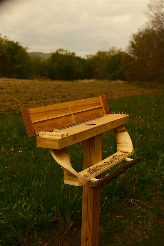 The sculpture from above at the field edge, lid open, showing the strings, sound hole and seed tray.
