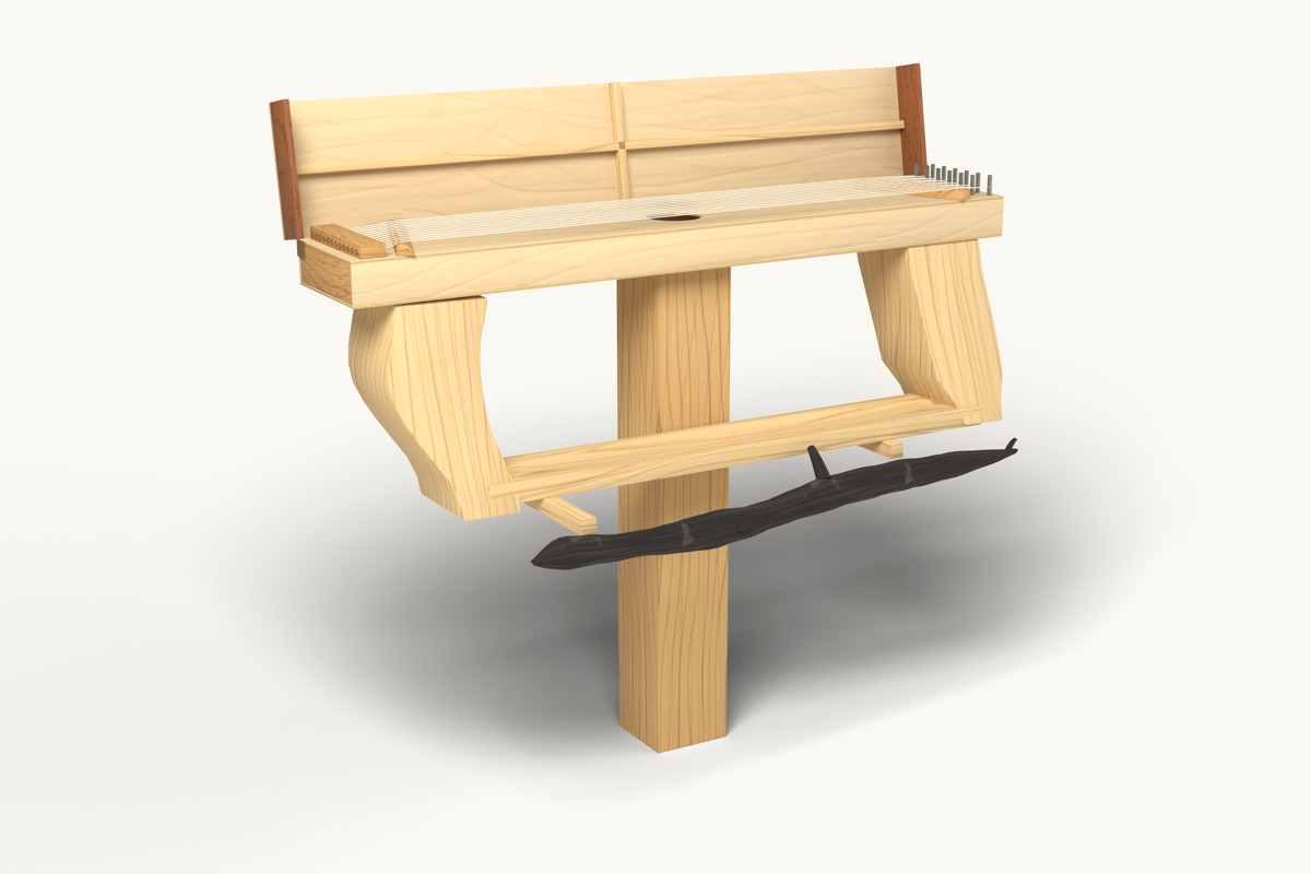 Reconstruction of the sculpture: a long wooden harp box with its lid open, twelve strings across the soundboard, carved supports holding a seed tray, a dark branch perch in front, on a square post.